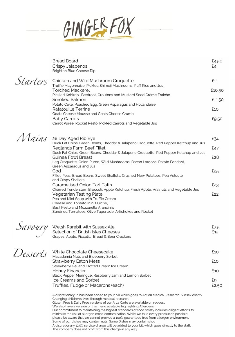 Ginger Fox a la carte menu