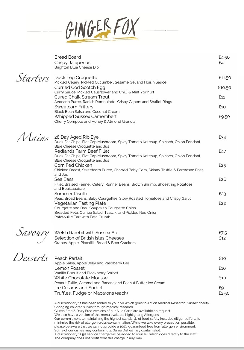 Ginger Fox a la carte menu
