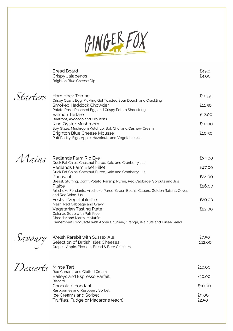 Ginger Fox a la carte menu