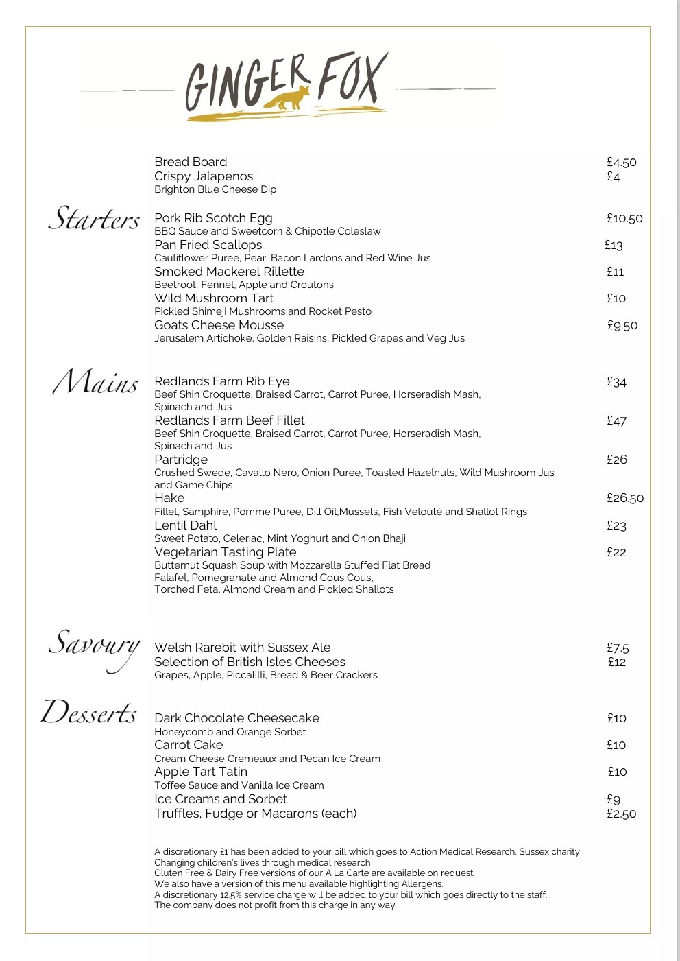 Ginger Fox a la carte menu
