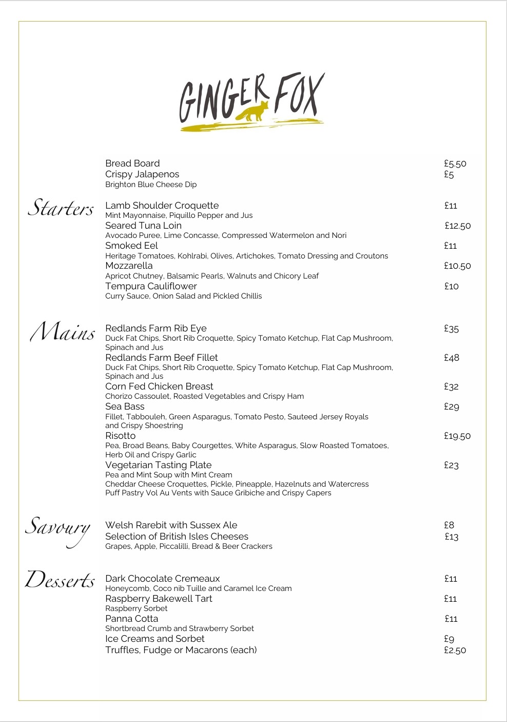 Ginger Fox a la carte menu