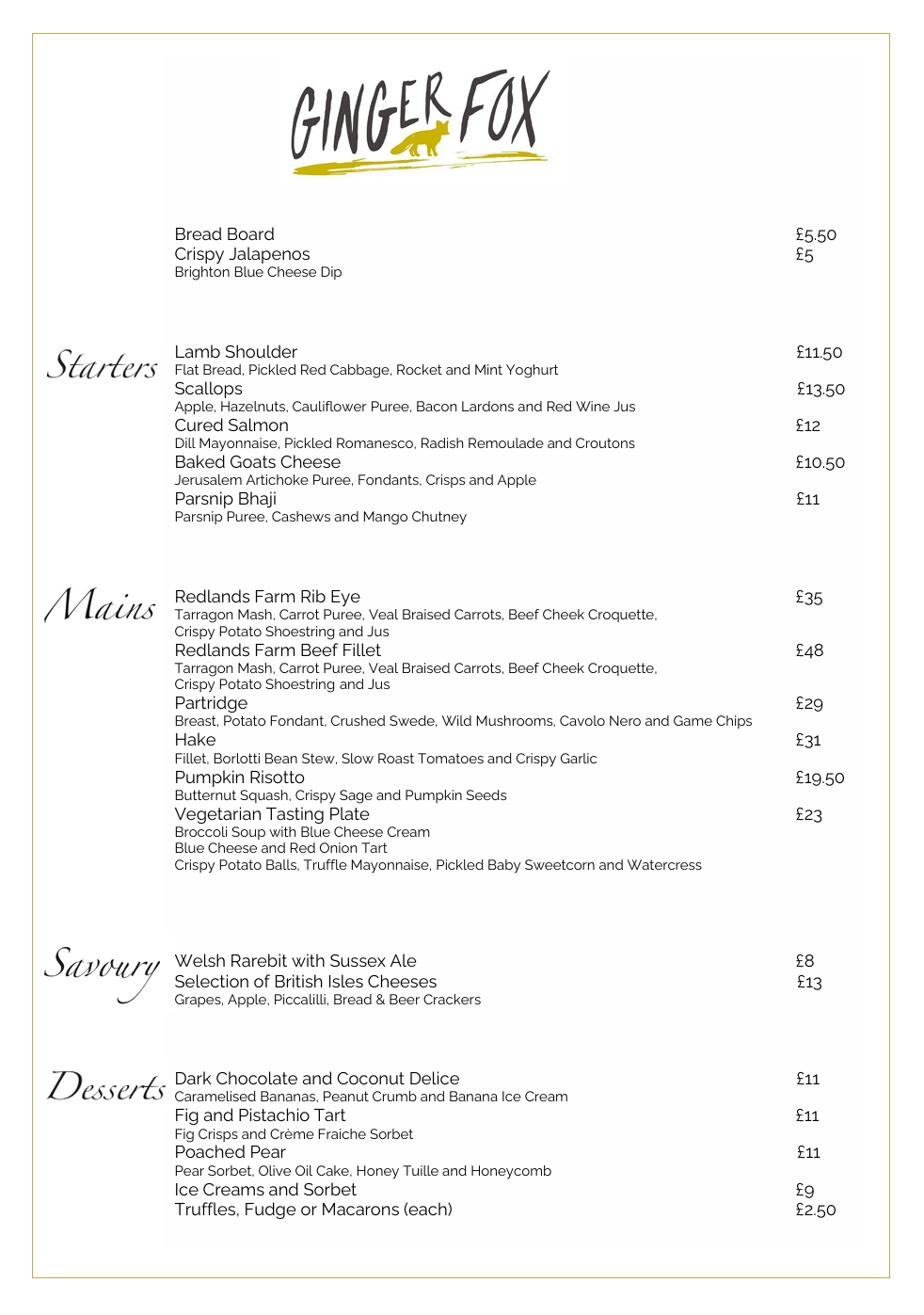 Ginger Fox a la carte menu