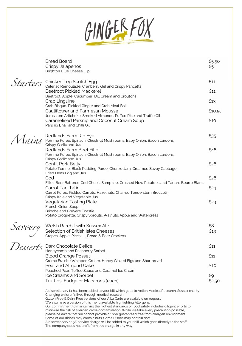 Ginger Fox a la carte menu