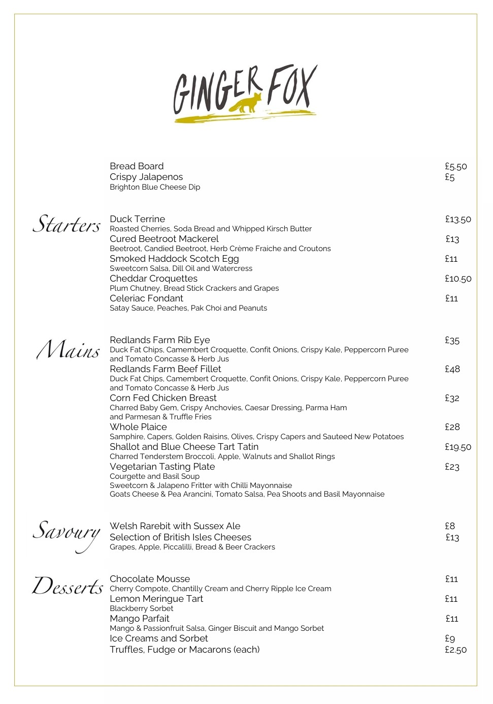 Ginger Fox a la carte menu